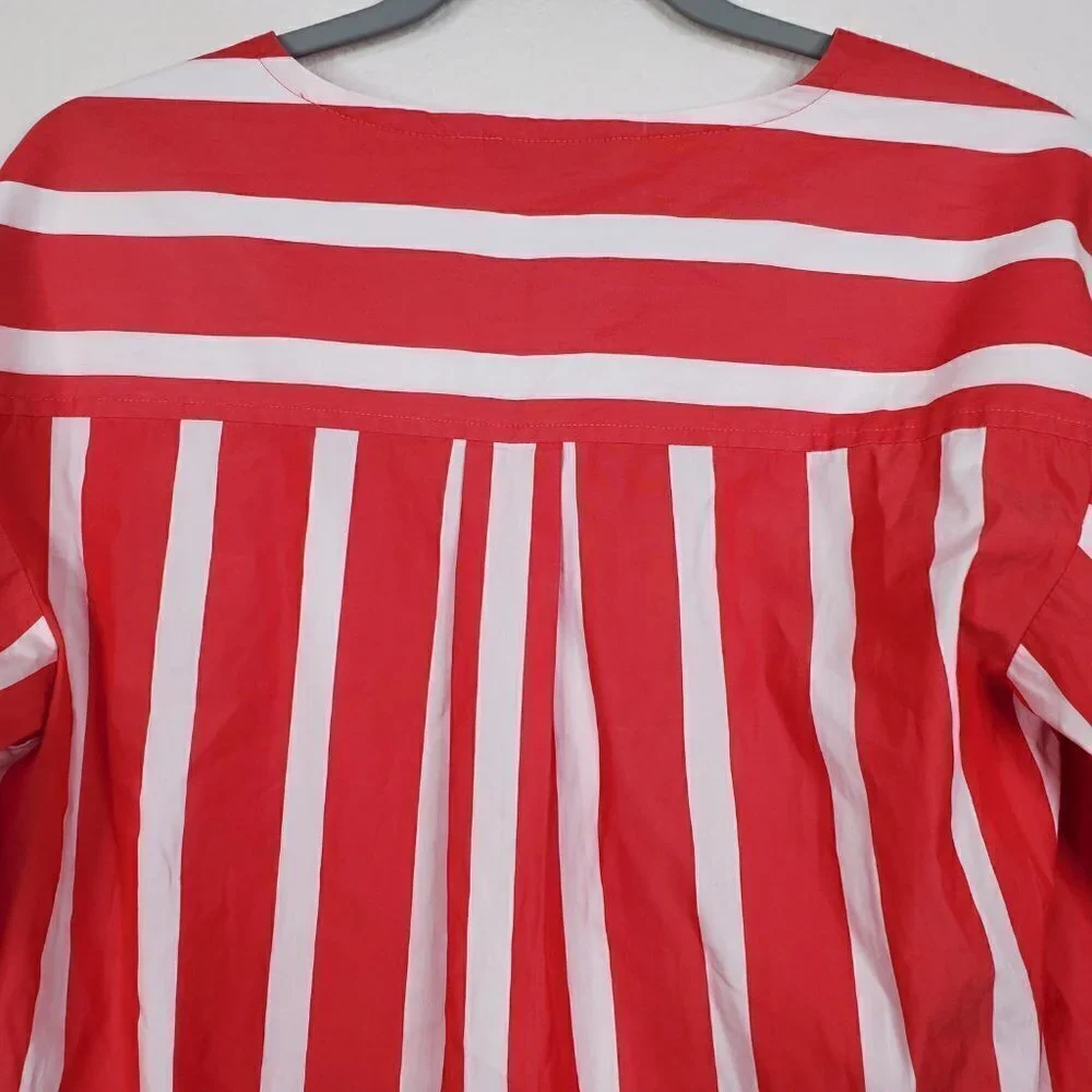 Trina Turk bees knees blouse tie sleeve boxy striped split neck pullover women M